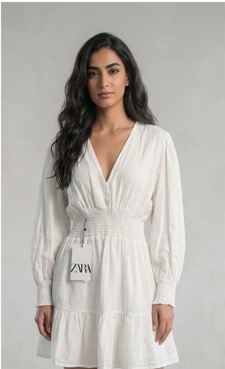 ZARA White V-Neck Mini Dress - front view with tag