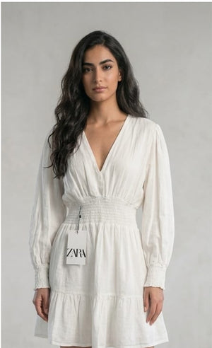 ZARA White V-Neck Mini Dress - front view with tag