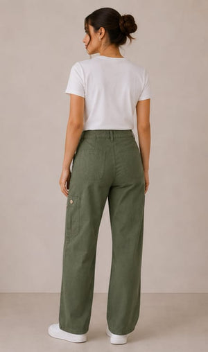 ZARA Olive Green High-Waist Wide-Leg Cargo Trousers - back view