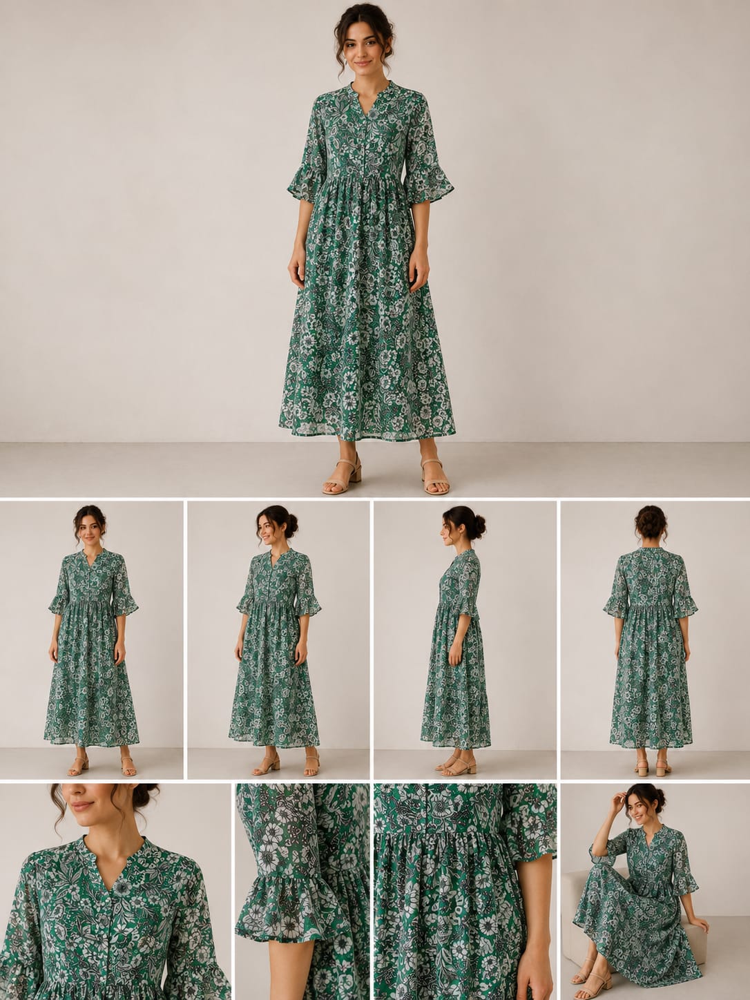 MAX Green Floral Print Chiffon Maxi Dress - front view close-up