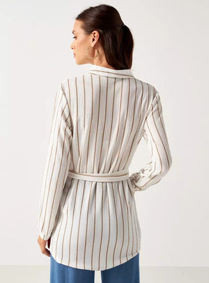 MAX Ivory Pinstripe Belted Longline Shirt - back view