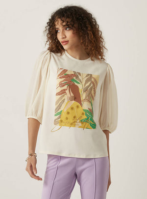 Max graphic print top back view on model