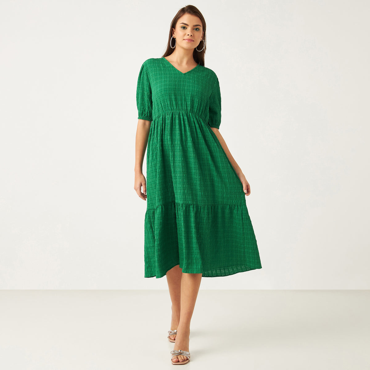 Max emerald green textured tiered dress full length front view on model