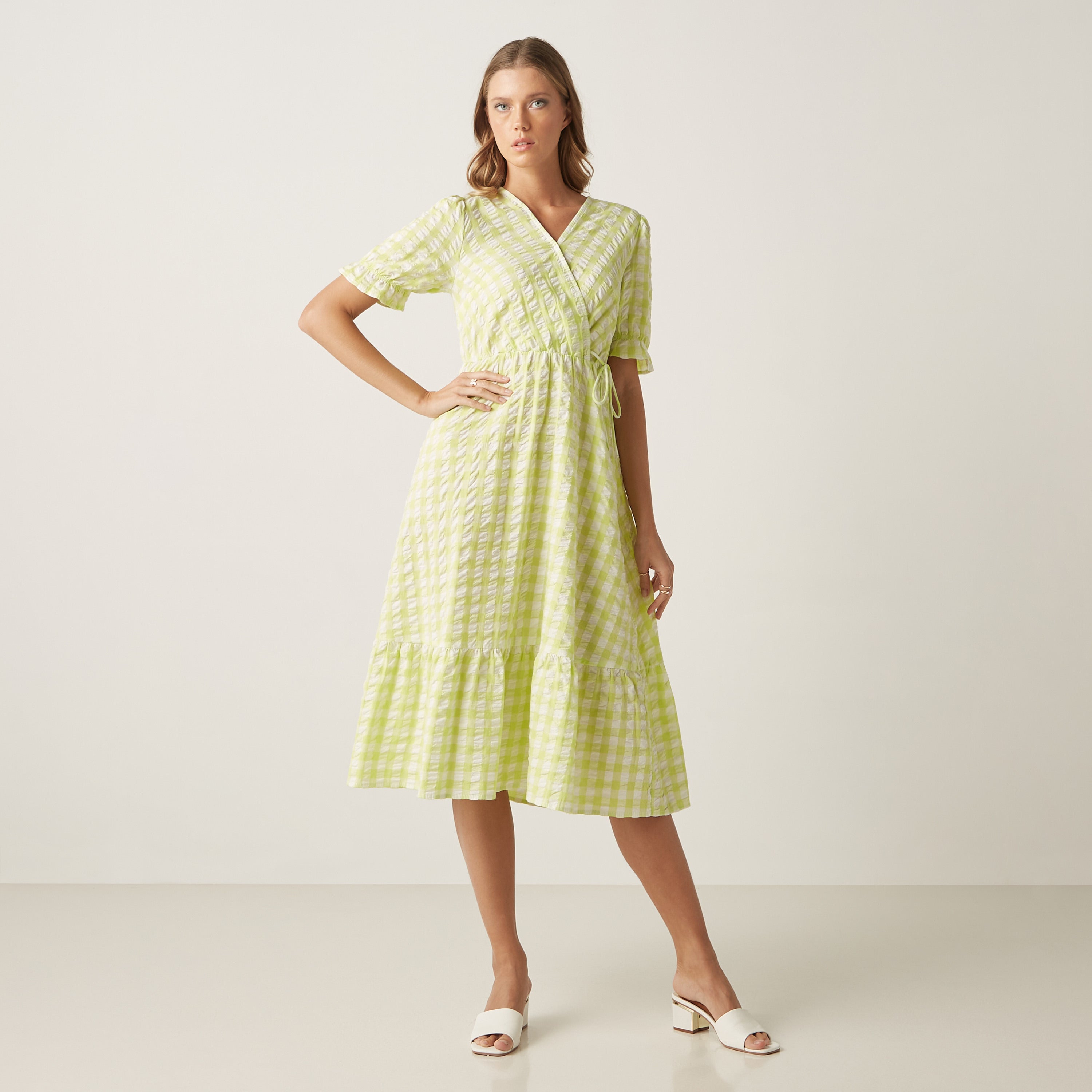 Max lime green gingham wrap dress full length front view on model