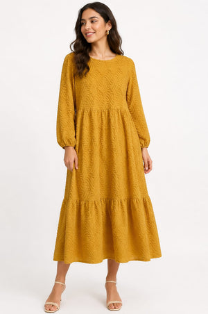 Max textured tiered dress in mustard yellow - front view