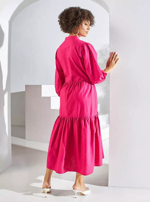 Max hot pink mandarin collar broderie dress - front view