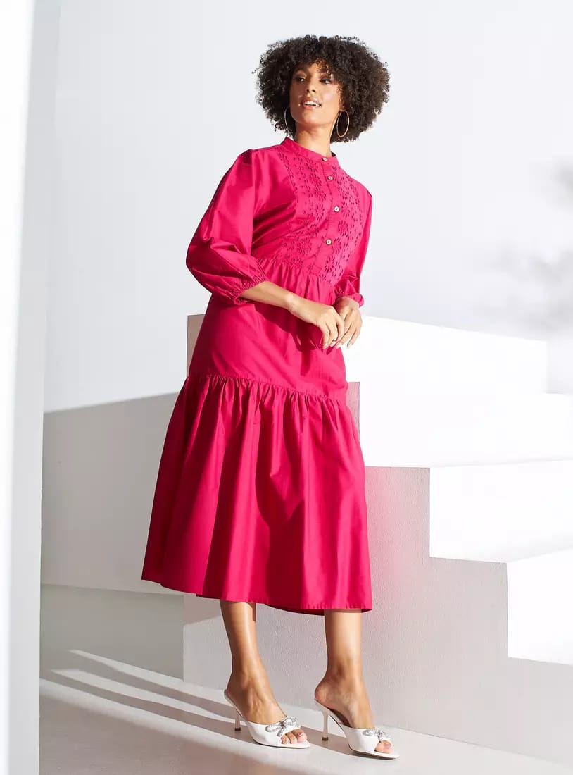 Max hot pink mandarin collar broderie dress - side view