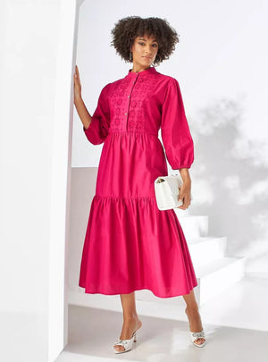Max hot pink mandarin collar broderie dress - full length