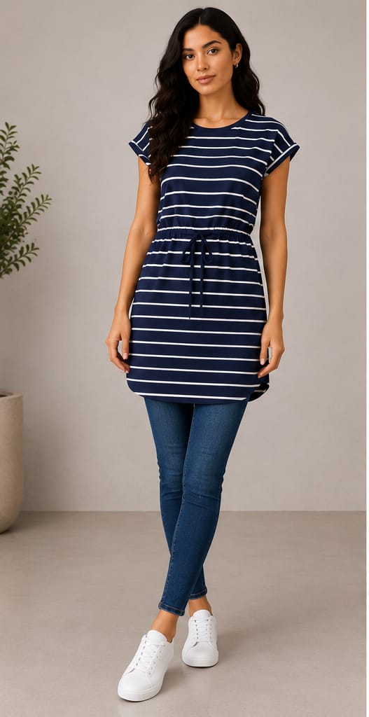 Navy Stripe Drawstring Waist Tunic Dress - multi-angle detail shots