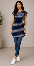 Navy Stripe Drawstring Waist Tunic Dress - multi-angle detail shots