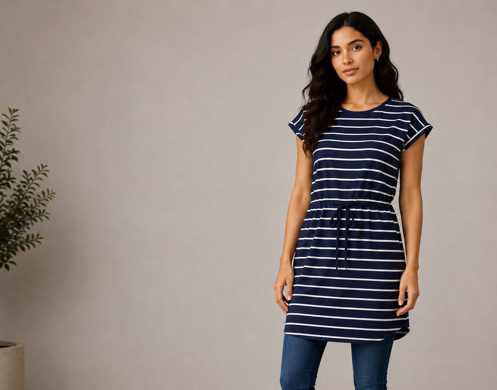 Navy Stripe Drawstring Waist Tunic Dress - front view lifestyle