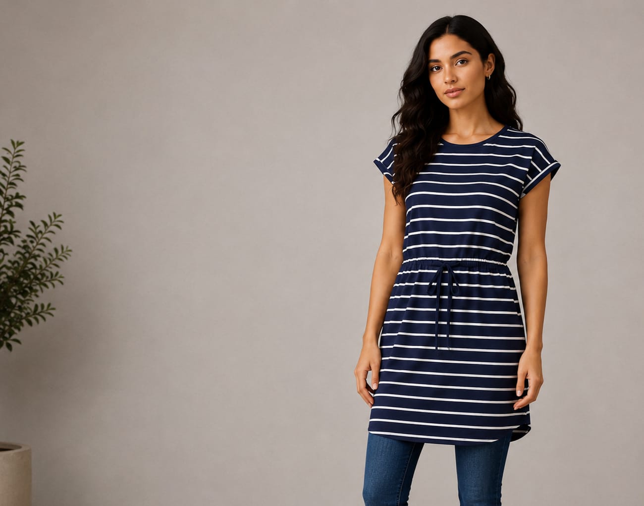 Navy Stripe Drawstring Waist Tunic Dress - front view lifestyle