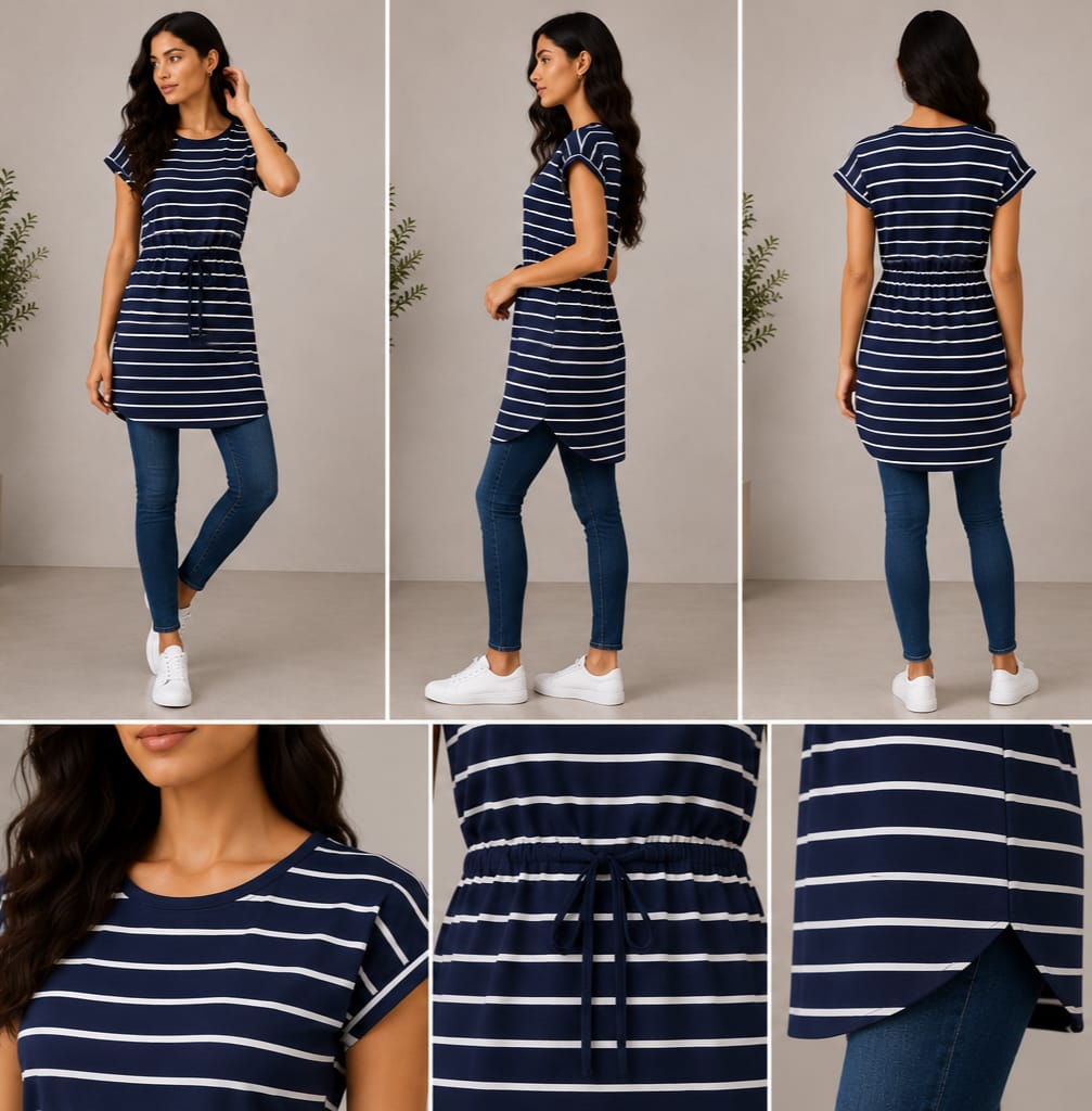 Navy Stripe Drawstring Waist Tunic Dress - front view solo
