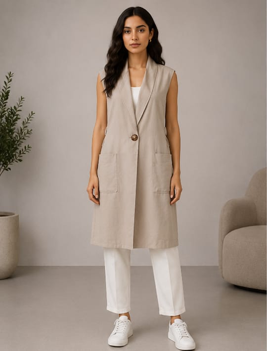 ZARA Sand Beige Longline Sleeveless Blazer Vest - front view