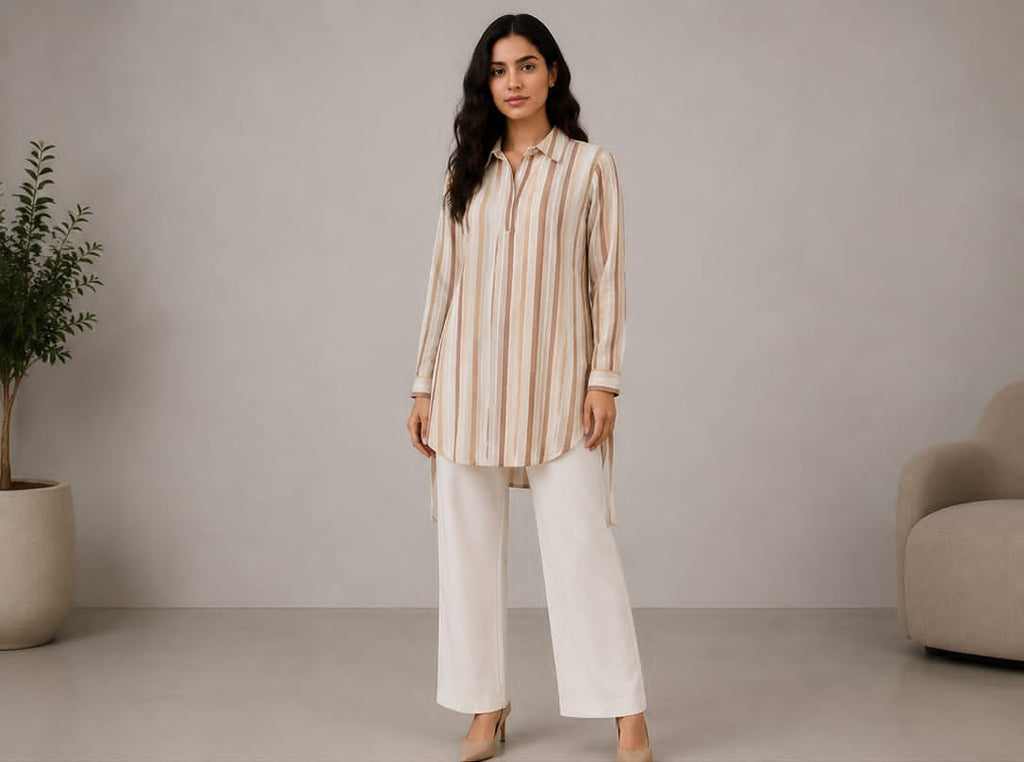 MAX Ivory Stripe Longline Oversized Shirt - front view