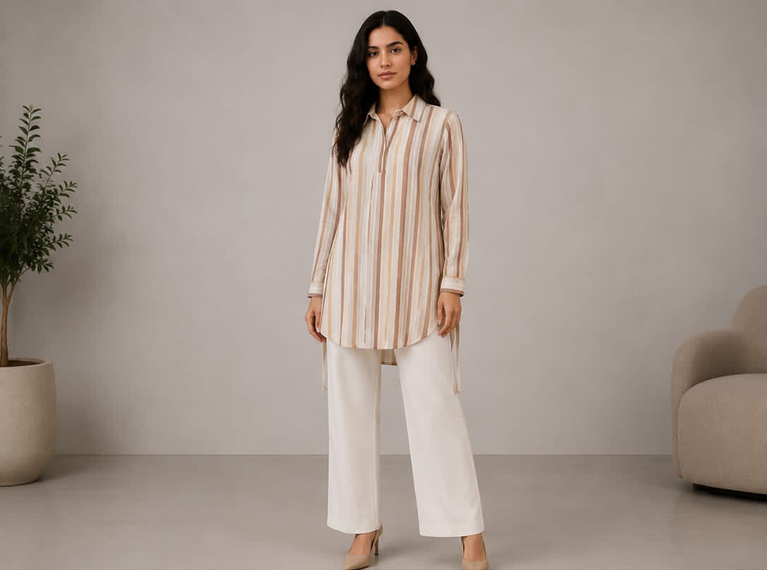 MAX Ivory Stripe Longline Oversized Shirt - front view