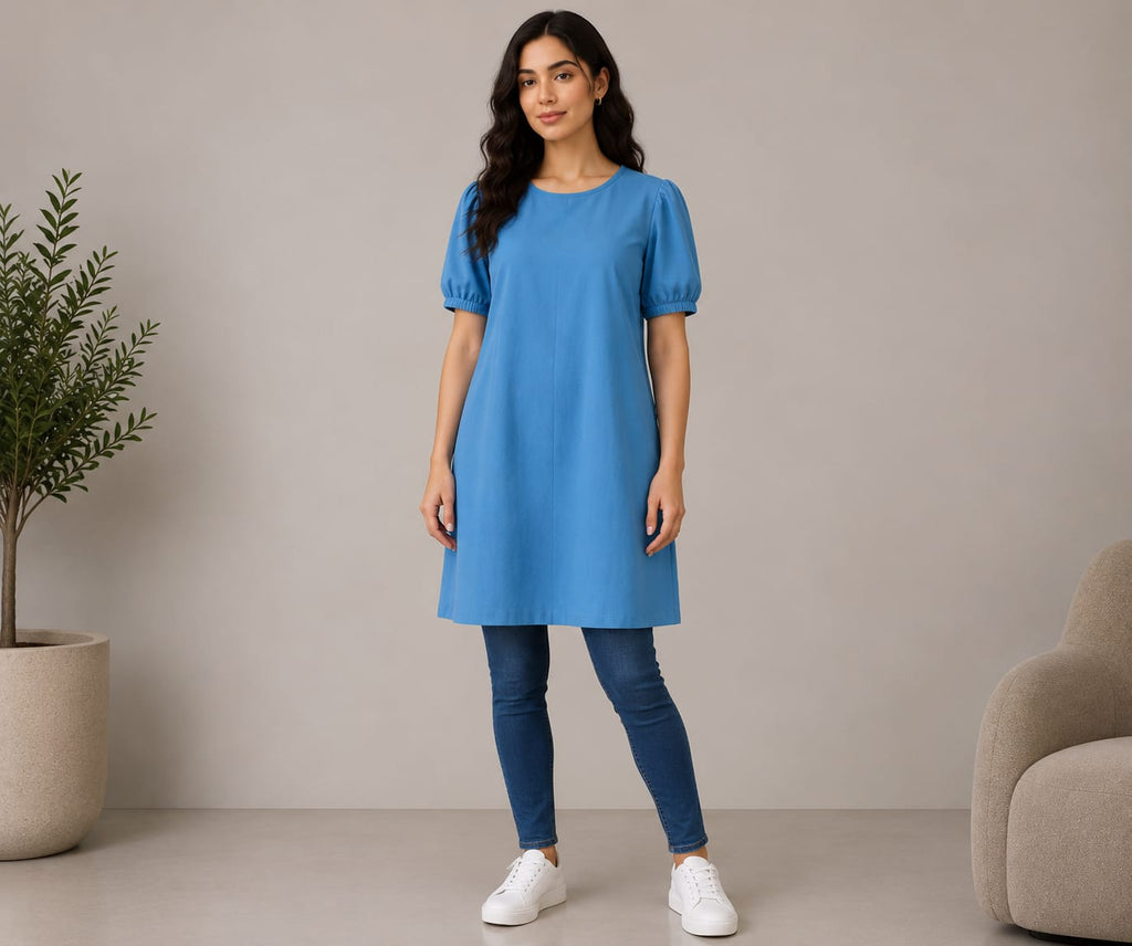 Blue Puff Sleeve A-Line Tunic Dress - multi-angle views