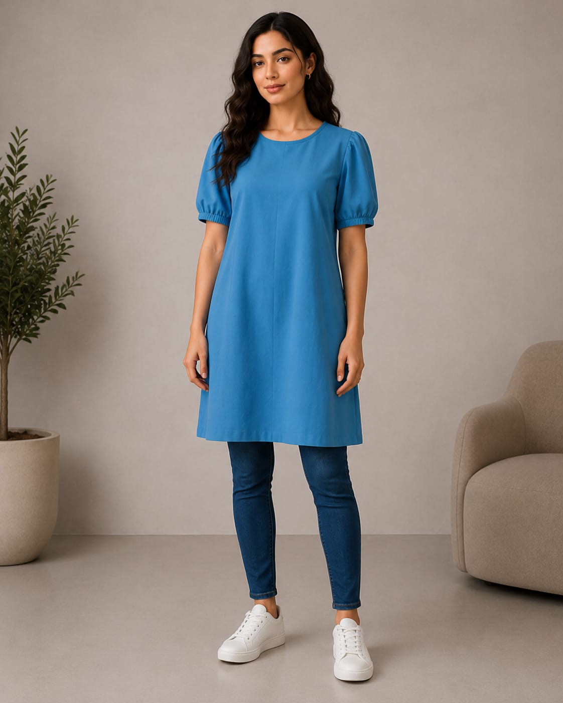 Blue Puff Sleeve A-Line Tunic Dress - front view full length