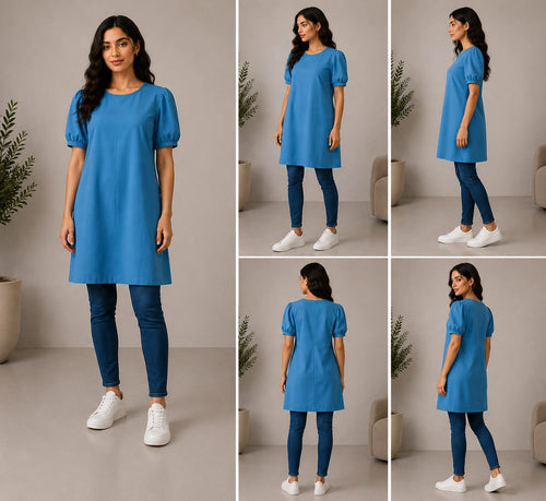 Blue Puff Sleeve A-Line Tunic Dress - front view close-up