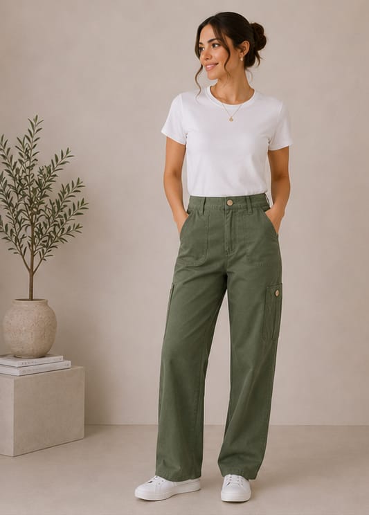 ZARA Olive Green High-Waist Wide-Leg Cargo Trousers - multi-angle views