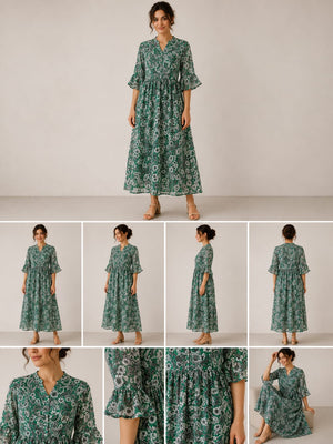 MAX Green Floral Print Chiffon Maxi Dress - front view close-up
