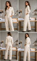 ZARA Cream Wide-Leg Boilersuit Jumpsuit - front, side, back and 3/4 angle views