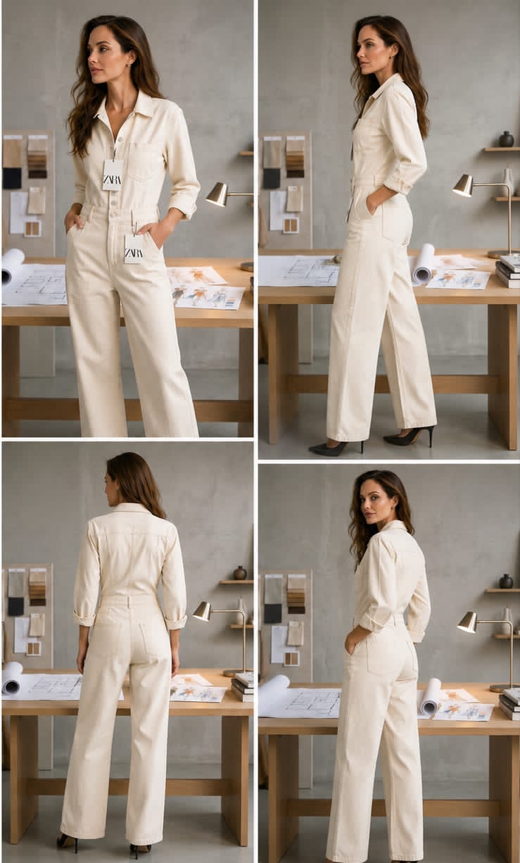 ZARA Cream Wide-Leg Boilersuit Jumpsuit - front, side, back and 3/4 angle views