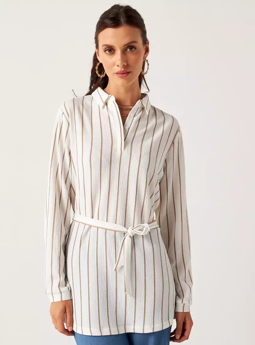 MAX Ivory Pinstripe Belted Longline Shirt - front view
