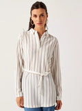 MAX Ivory Pinstripe Belted Longline Shirt - front view