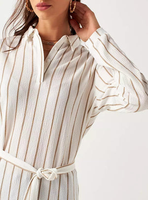 MAX Ivory Pinstripe Belted Longline Shirt - neckline and belt detail close-up