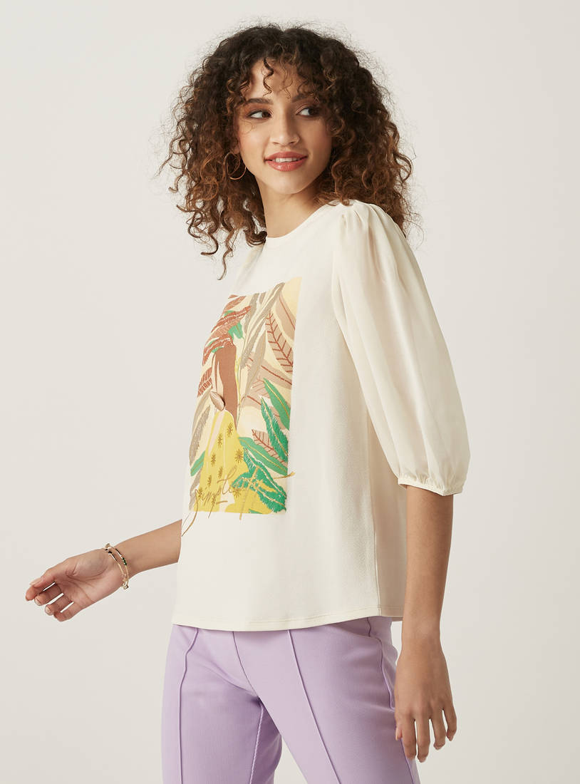 Max graphic print puff sleeve top front view on model