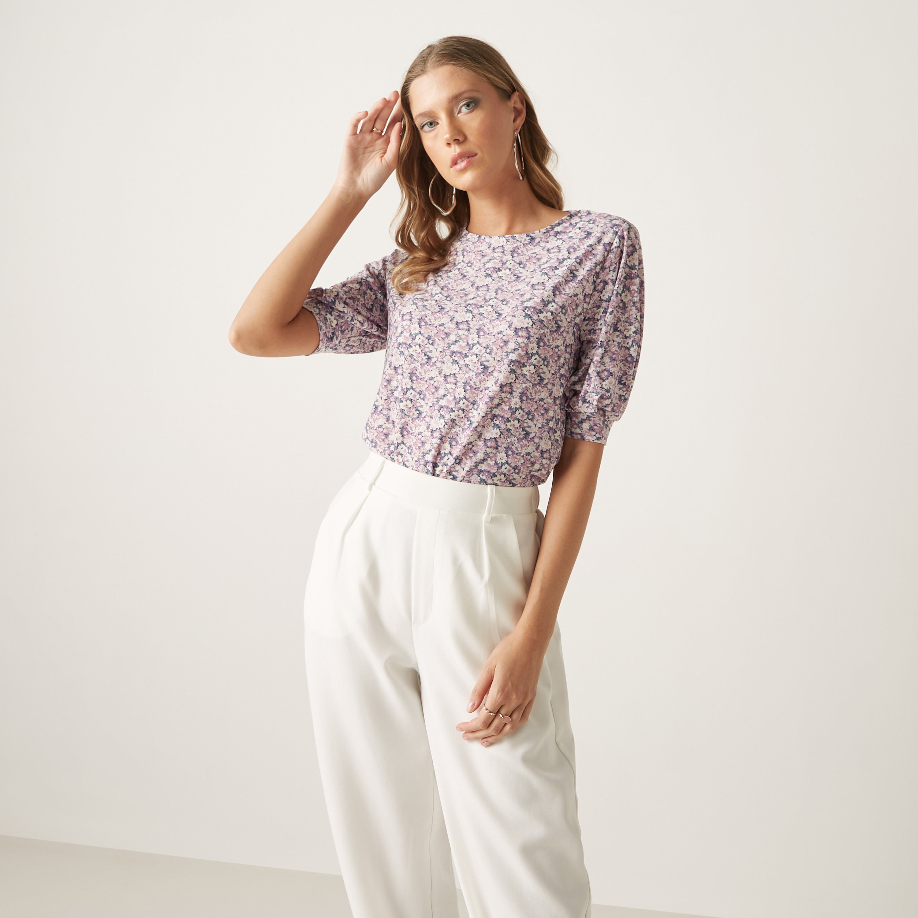 Max lavender floral top close-up front on model