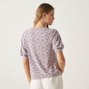 Max lavender floral top back view on model