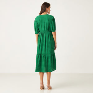 Max emerald green textured tiered dress close-up of smocked bodice and waist seam