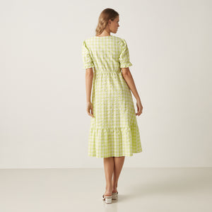 Max lime green gingham wrap dress three-quarter view on model