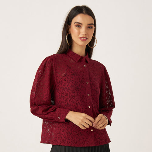 Max wine burgundy floral lace puff sleeve shirt front view on model with black pleated skirt