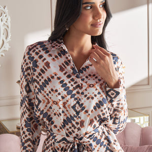 Max printed satin tunic back view on model showing tie belt detail