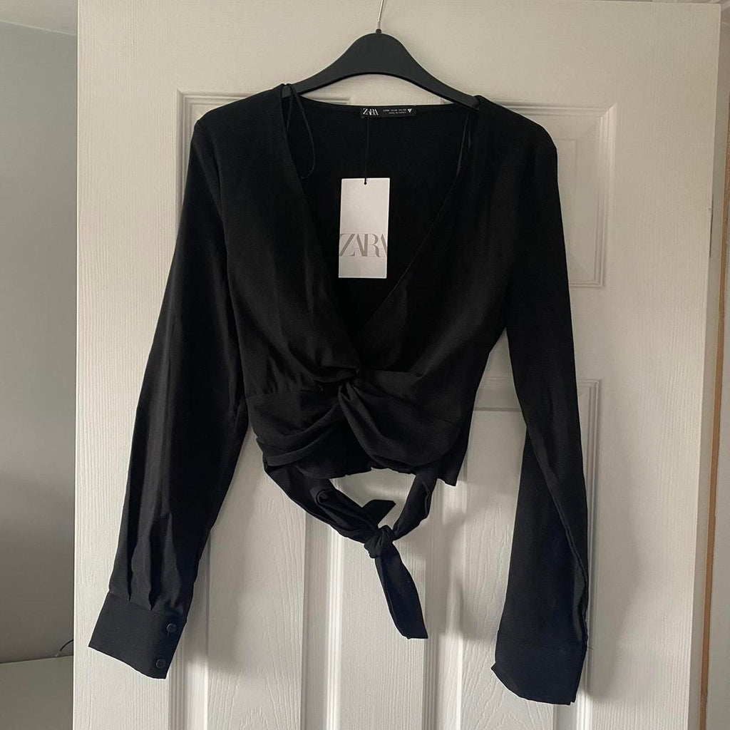 Zara black tie-front crop top on hanger front view
