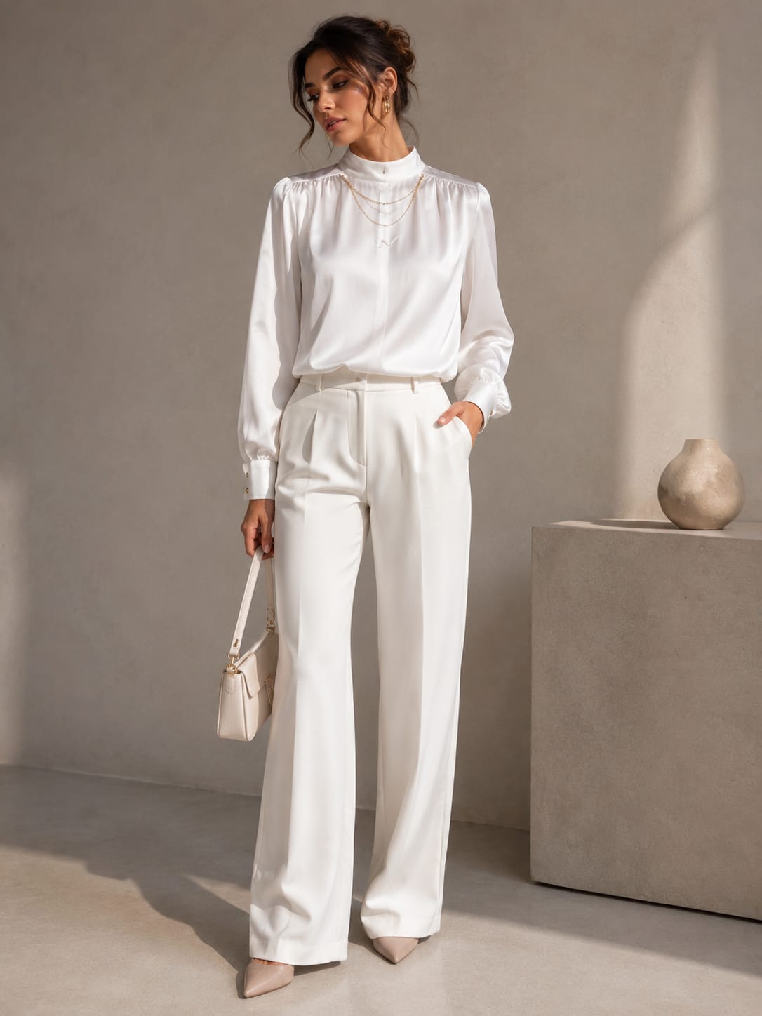 Zara Oyster White Satin Chain Necklace High Collar Blouse | M