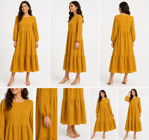 Max textured tiered dress in mustard yellow - multi-angle view