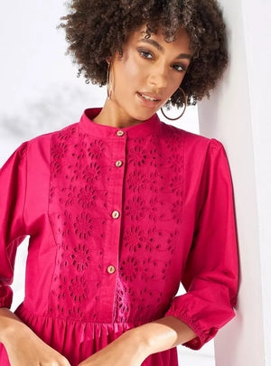 Max hot pink mandarin collar broderie dress - bodice detail