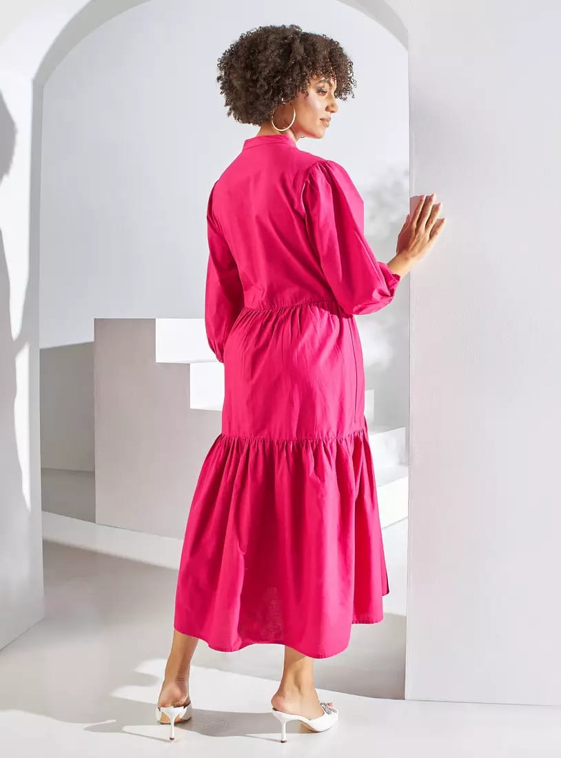 Max hot pink mandarin collar broderie dress - front view