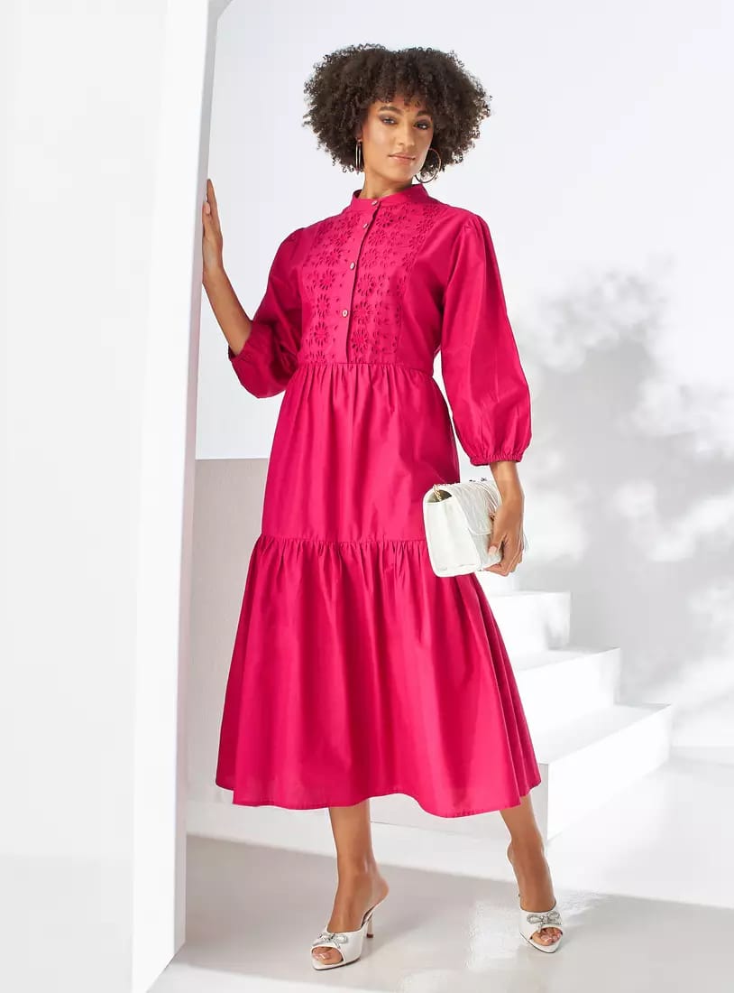 Max hot pink mandarin collar broderie dress - full length