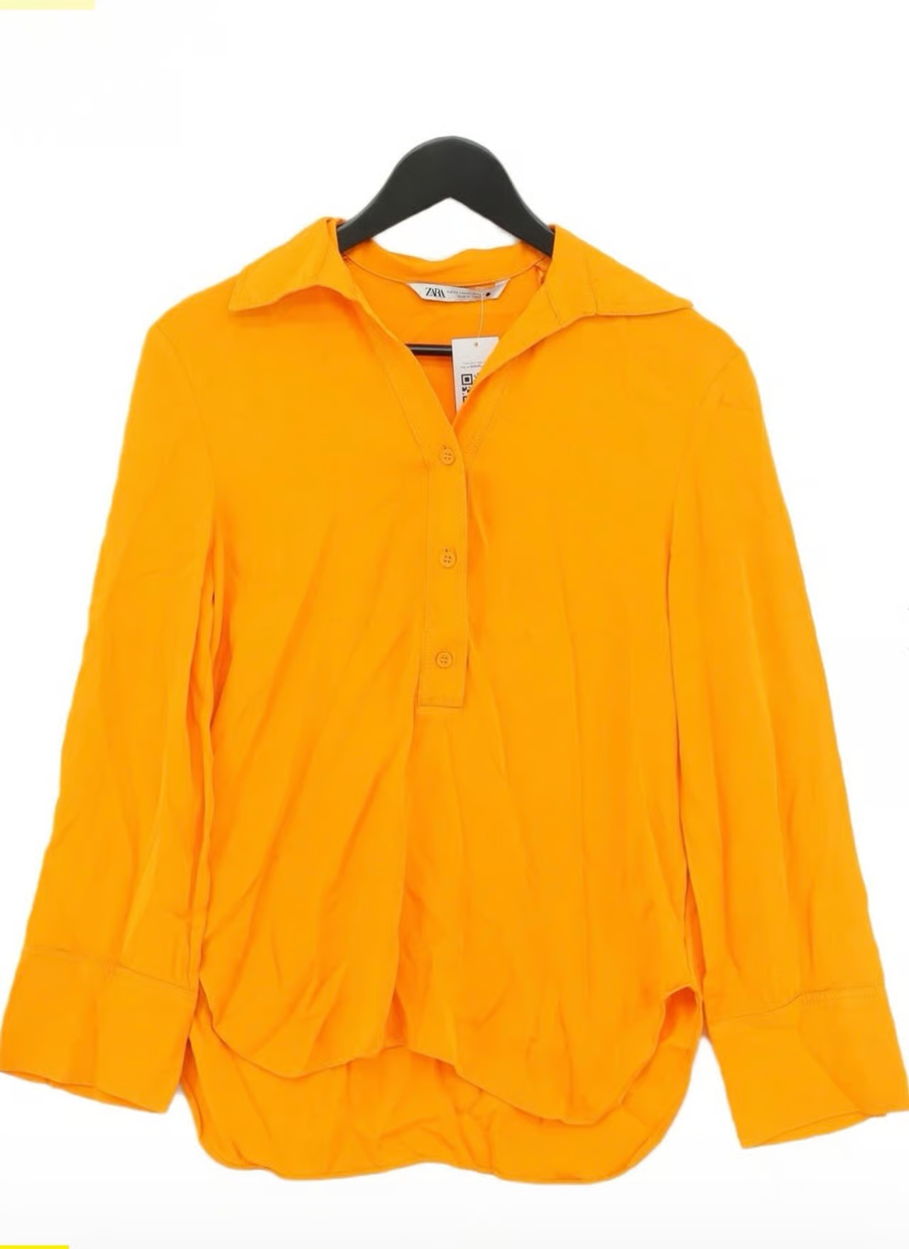 Zara viscose orange button-up shirt on hanger front view