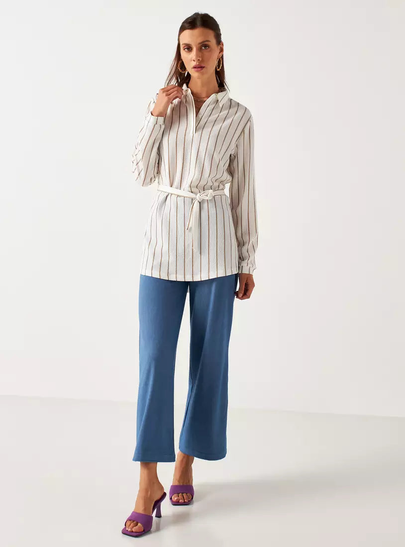 MAX Ivory Pinstripe Belted Longline Shirt | XS