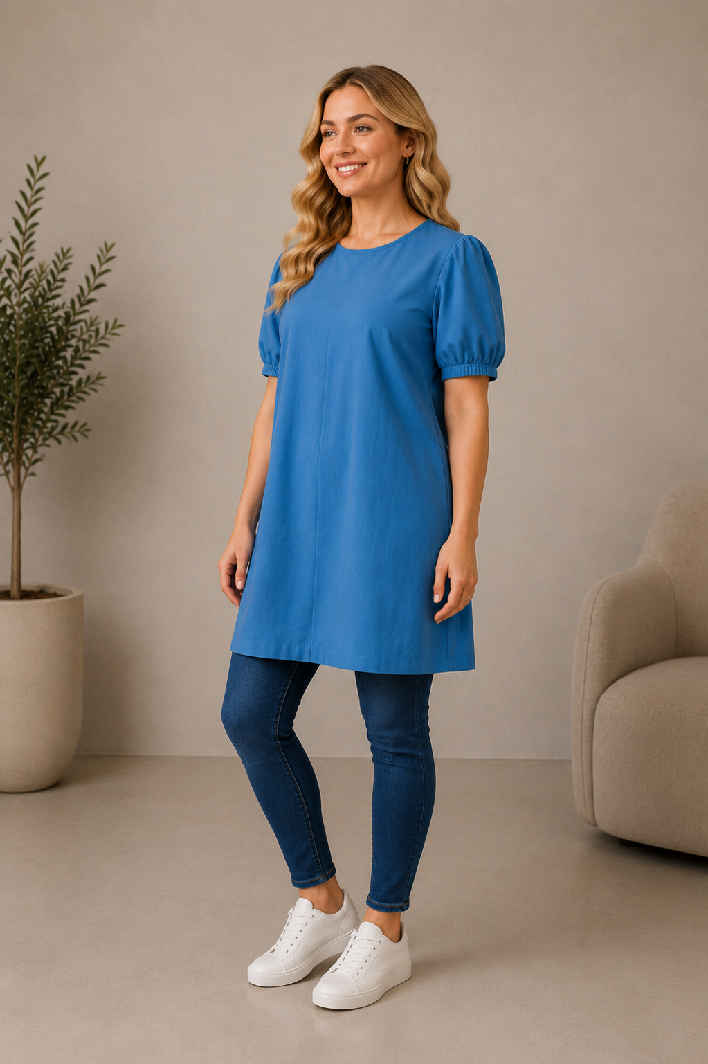 Best Seller Blue Puff Sleeve A-Line Tunic Dress | M
