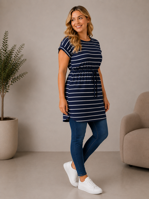 Best Seller Navy Stripe Drawstring Waist Tunic Dress