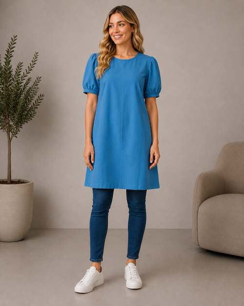 Best Seller Blue Puff Sleeve A-Line Tunic Dress