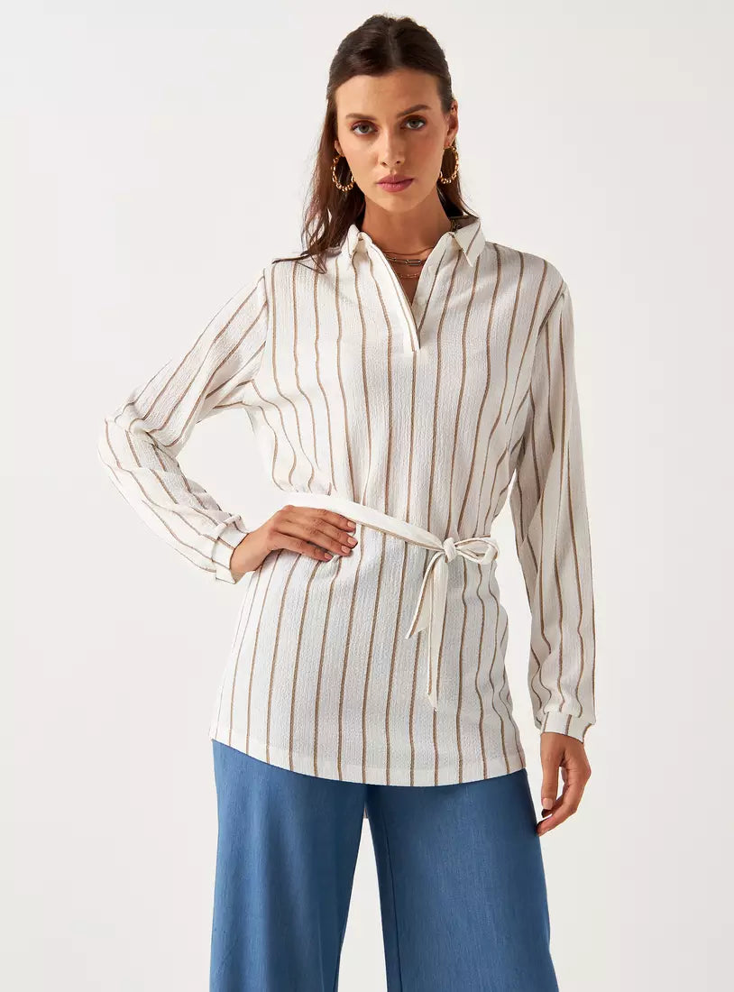 MAX Ivory Pinstripe Belted Longline Shirt | XS