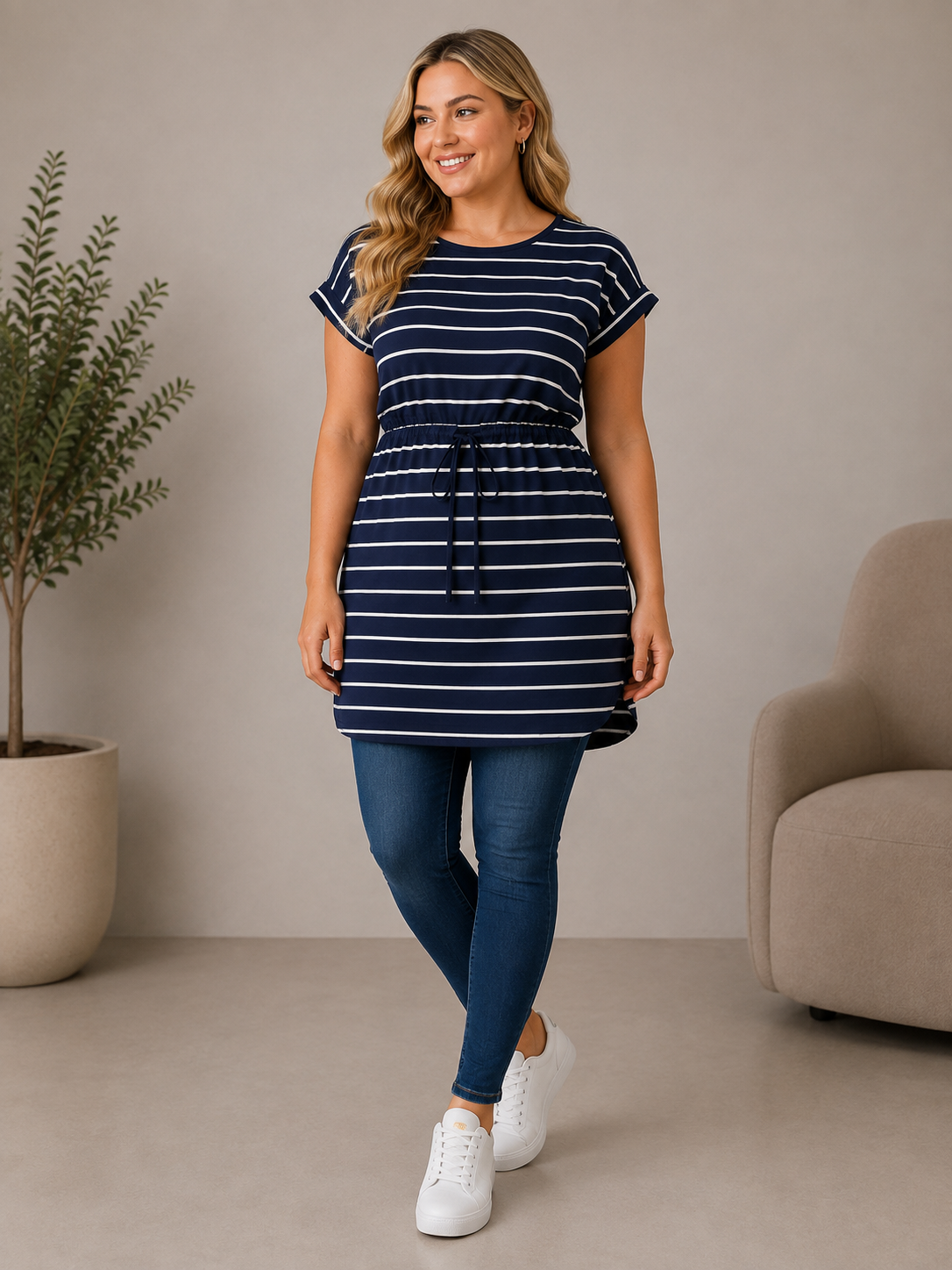 Best Seller Navy Stripe Drawstring Waist Tunic Dress | XS